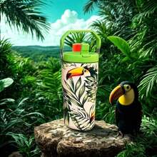 900ML  Cup Toucan Pattern Bottle With Cartoon Handle Stainless Steel Large Capacity Thermal Insulation Vacuum Car Water Cup Suitable For Sports, Wedding, Business, Home, Car, Office, Outdoor, Travel, Gifts, School And Other Festivals - Preto - 查看 3
