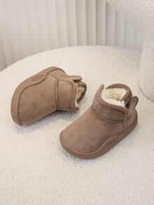 1 Paar khakifarbene Klettverschluss Dekor thermisch gefütterte dicke Winter Baby Stiefel, modisch bequeme rutschfeste minimalistische süße warme Kleinkind Knöchel Stiefel, geeignet für den täglichen Gebrauch