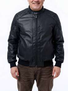 Plus Size Men's PU Jacket, Fashion Motorcycle Jacket, Versatile Classic Style, Suitable For Daily Wear And Dates, Autumn/Winter New Arrival - Black - View 2