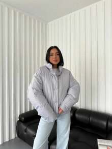 Solid Color Casual Ribbed Zip-Up Jacket, Warm And Comfortable For Everyday Wear And Parties - Grey - View 2
