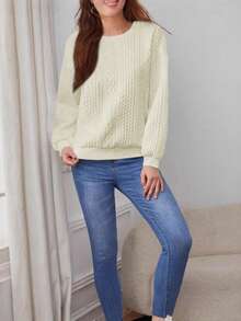 Große Größen Europäisch-Amerikanische Mode Herbst Lässig Pendler Pullover Top, Vintage Langarm Plissee einfarbiger Sweatshirt für Frauen - Beige - Übersicht 3