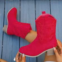 Women's Black Suede Western Ankle Boots With Block Heel - Red - View 5