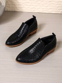 Black Pointed Toe Chunky Heel Slip-On Shoes, Asymmetrical Plaid Pattern, Versatile For Party And Daily Wear, Non-Slip, Fashionable High Heels For Women, Autumn/Winter,Shoes - Black - View 6