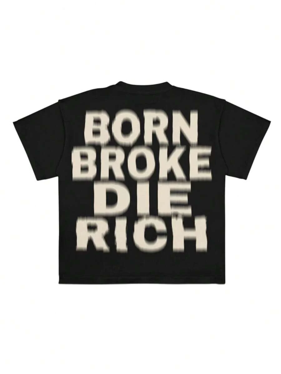 Women's Y2K Graphic T-Shirt With Bold &Quot;Born Broke Die Rich&Quot; Slogan Print, Loose Fit Drop Shoulder Short Sleeve, Black &Amp; White Contrast, Medium Stretch Round Neck Casual Streetwear Top, Vintage T Shirts, Weekend Outfit, Bold Print, Comfo - 黑色 - 查看 1