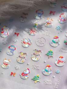 Snowman Wonderland 5D Nail Stickers, Embossed Snowflake Bow & Star Pattern, Fun Winter Nail Decals, Holiday Nail Decoration, Self-Adhesive - Multicolor - View 5