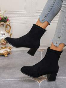 New Arrival Square Toe Chunky Heel Ankle Boots, Suede Mid-Heel Short Shaft Zipper Boots For Women - Black - View 1