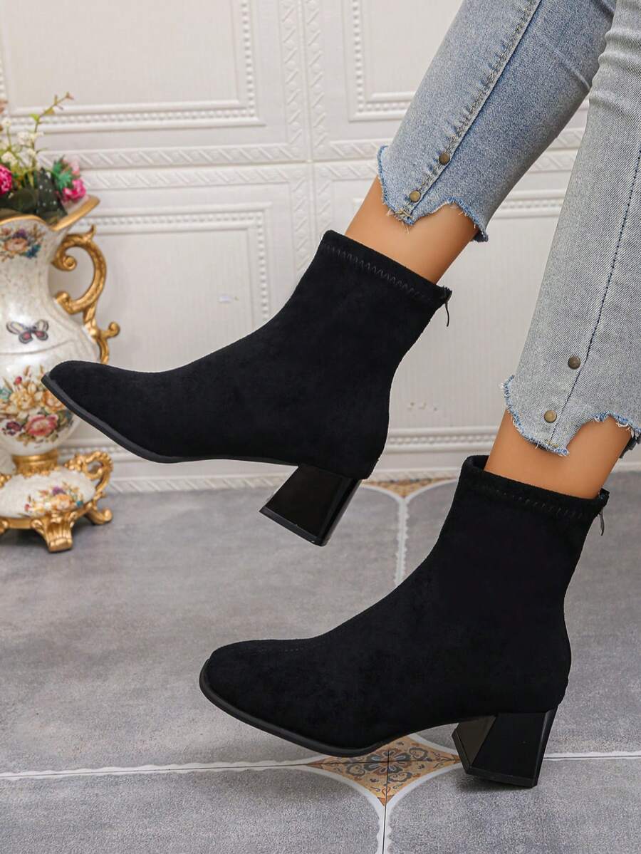 New Arrival Square Toe Chunky Heel Ankle Boots, Suede Mid-Heel Short Shaft Zipper Boots For Women - Black - View 1