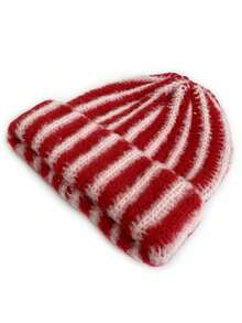 1pc Stylish Contrast Color Striped Knit Beanie Hat, Warm Reversible Cuff Unisex Autumn/Winter