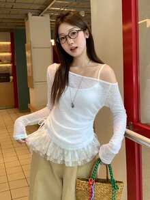 甜美蕾丝拼接露肩长袖T恤，夏季独特修身抽绳背心两件套休闲白色 - 白色 - 查看 5