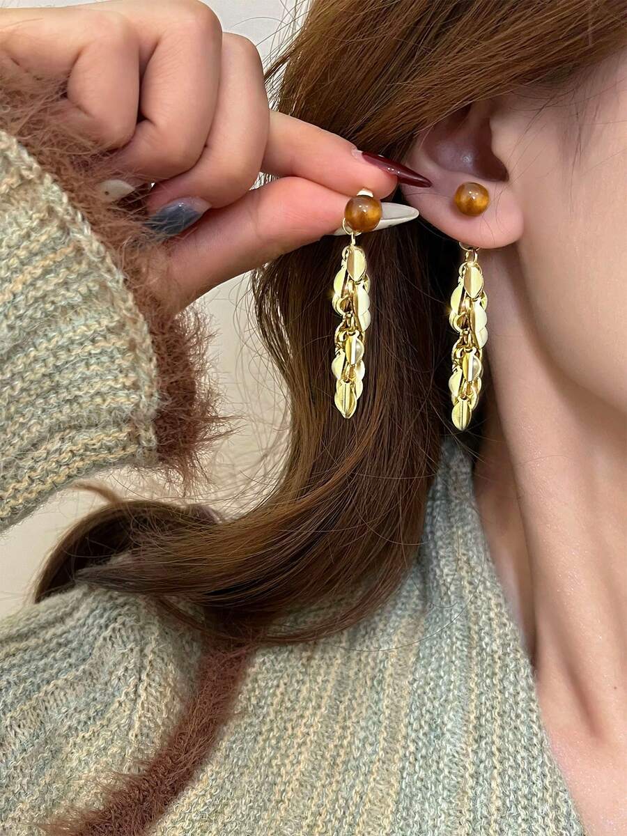 1 Pair Bohemian Tassel Golden Leaf Dangle Earrings, Bridal Jewelry Suitable For Wedding, Engagement, Bride, Mother's Gift, Women's Gift