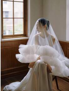 1pc Romantic Elegant Tulle Lace Bridal Veil / Handmade Layered Tulle Wedding Veil In Various Lengths / Without Hair Comb / Suitable For Proposal, Engagement, Wedding Ceremony, Photography / Extremely Gorgeous And Voluminous / Solid Color Tulle - Multicolor - View 4