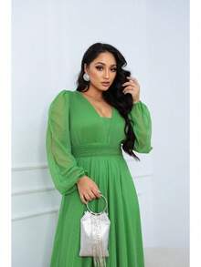 Vestido Feminino Longo Tule Aurora com Brilho Manga Longa - Verde Lima - Visão 4