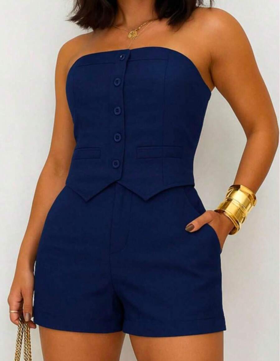 Women's Formal Set With Shorts And Button-Down Top, Summer  2026 - Navy Blue - View 1