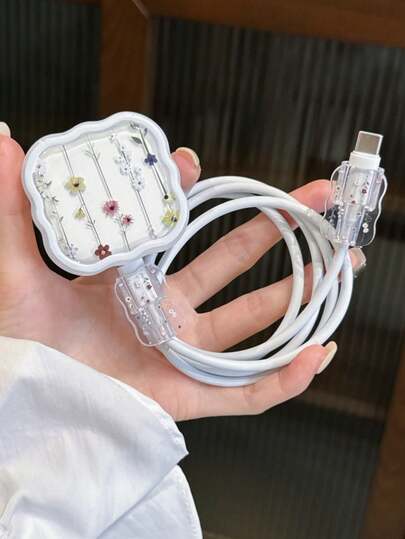 3pcs/Set Wave Pattern Protective Case With Tassel Floral Design, Suitable For 20W UK Apple Fast Charger, Charging Cable And Adapter