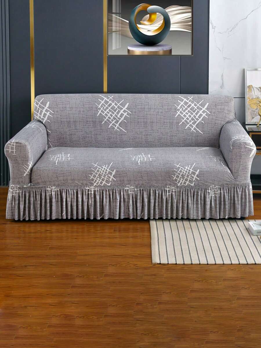 1pc Printed Ruffled Elastic Sofa Cover, Dust-Proof And Dirt-Resistant, Stretch-To-Fit Full Coverage Sofa Protector, Home Decor, Machine Washable - Grey - View 1