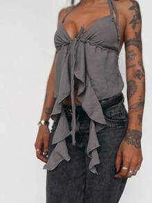 Boho Top Ruffles Simple Tie Beach Vacation - Dark Grey - View 1