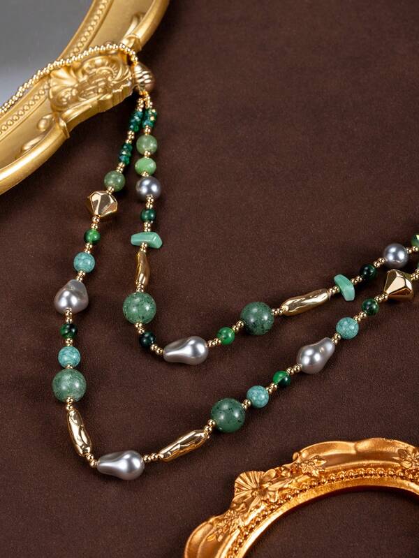 1 szt. Wielowarstwowy, stylowy, wysokiej jakości, asymetryczny naszyjnik z pereł ze szkła sztucznego, elegancki zielony naszyjnik z koralikami, odpowiedni na co dzień, na festiwal, na imprezę, na prezent