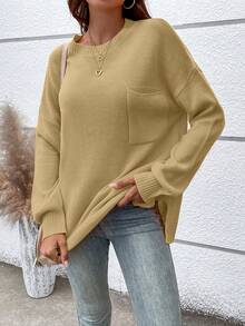 Women's Casual Crew Neck Pullover Solid Color Drop Shoulder Patch Pocket Sweater - Khaki - View 5