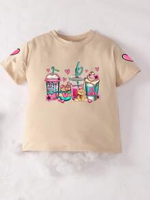 Tween Girl Dessert And Heart Print Crew Neck T-Shirt Summer Girls Casual T-Shirt Soft Top - Apricot - View 7