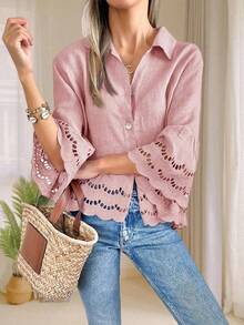 Women's Blusas Casuales De Mujer  Casual Shirts, Ruffle Hem And Eyelet Details, Button Down Lapel Tops, Large Lace Bell Sleeves Cutout Lace Blouses Elegant Women's Tops Fall Clothes For Women - Hồng - Xem 3