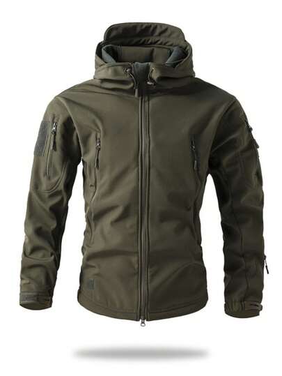 1 قطعة جاكيت عسكرية خضراء للرجال مبطنة حرارياً، جاكيت مقاوم للرياح متعدد الجيوب بتصميم سحاب، معطف خارجي مزود بقبعة للاستخدام في الشتاء والتزلج