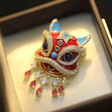 Classic Retro  Red Lion Dance Brooch With Artificial Crystal Decoration Traditional Chinese Design Ladies Art Celebration Accessories Suitable For All Seasons - 1 - View 1