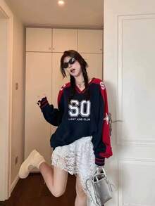 Retro American Colorblock V-Neck Loose Casual Sweatshirt