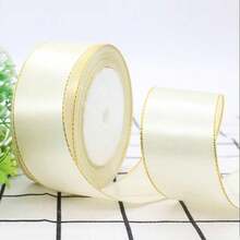 1.5 Inch Wide 25 Yards Electric Blue Satin Ribbon With Golden Edges - Durable High-Quality Vinyl/Plastic/Polyurethane Ribbon For Gift Wrapping, DIY Crafts, Christmas Decor, Wreaths, Bows, Invitations, Ribbon For Gifts, Wreath Making, Elegant Design, Smooth Texture, Craft Projects, Party - Beige - View 4