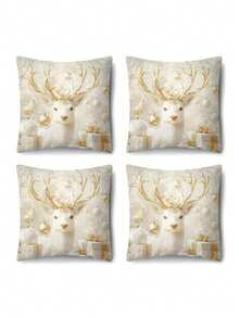 1/2/4pcs Golden Christmas Decoration Pillow Covers, Size 17.7x17.7 Inches, Modern Style, Zipper Closure, Machine Washable, Decorative Santa Claus, Snowman, Deer, Snowflake Patterns, Suitable For Living Room Sofa Bed Decoration - No Inner Core Included - Multicolor - View 24