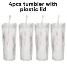 2pcs 4pcs 24oz Cute Iced Coffee Glass Cup Set With Plastic Lid And Glass Straw, Large Simple Stripe Clear Water Glass Tumbler With Bamboo Lid And Straw, Suitable For Juice Ice Cream Milk Tea, Perfect Gift - 2pcs tumbler with plastic lid - 查看 9