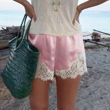 Boho Women's Lace Trim Satin Silk Shorts Shiny Elastic Waist Mini Shorts Pettipants Half Slip Shorts French Knickers Boyshorts For Dresses Full Coverage Underwear Lounge Pants - 粉色 - 查看 5
