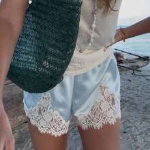 Boho Women's Lace Trim Satin Silk Shorts Shiny Elastic Waist Mini Shorts Pettipants Half Slip Shorts French Knickers Boyshorts For Dresses Full Coverage Underwear Lounge Pants - Màu xanh lam - Xem 7