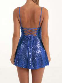 Women's Sequin Mini Dresses Summer Solid Color Sleeveless Spaghetti Strap Cami Dress - Dark Blue - View 5