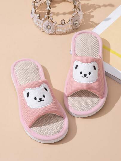 Comfortable Linen Slippers For Women, Cute Cartoon Embroidered Bear Design, Fashionable Indoor Lightweight Breathable Open Toe Slides, Suitable For All Seasons
