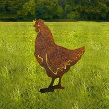 2pcs Rustic Metal Hen Garden Stakes, Artistic Farm Animal Egg Sculptures, Outdoor Yard Decor, Thanksgiving Gift, Outdoor Sculpture | Farm Animal Theme | Metal - Rust Brown - View 6