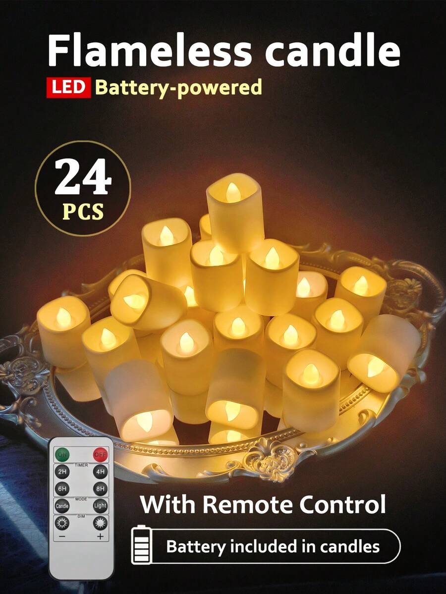 6/12/24 PCS Electronic Flameless Candles, With Timer/Remote Control, Battery Powered, LED Wishing Candle Lights, Tea Lights, LED Flameless Candle Lights, For Halloween, Valentine's Day, Christmas, Wedding, Party, Home Decor And Other Holiday Candles - trắng - Xem 1