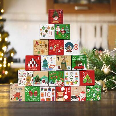 24个圣诞降临节日历盒，圣诞装饰，24天DIY倒计时空日历，带有圣诞老人、驯鹿和雪花图案，适用于圣诞派对礼物、家居装饰、房间装饰、冬季圣诞装饰、家居圣诞礼物、圣诞装饰