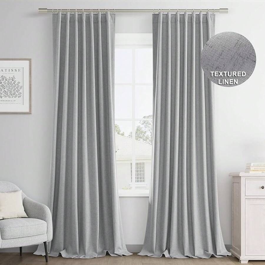 Beige Linen% Blackout Curtains 84 Inch Long, Rod Pocket/Back Tab/Hook Belt/Clip Rings, Thermal Insulated Drapes Bedroom Living Room With Hooks (1 Panel, 60 X 84), Stylish Window Treatments - 灰色 - 查看 1