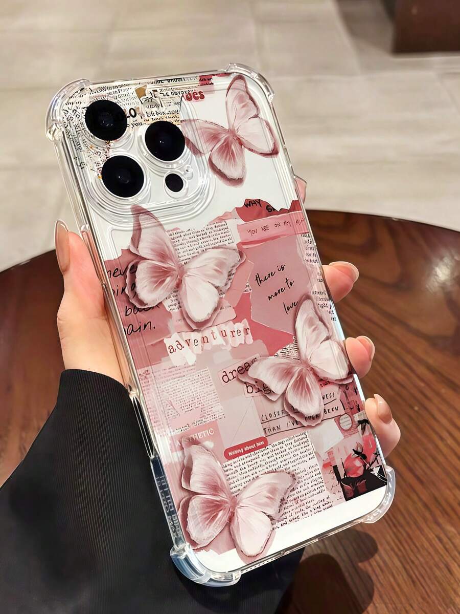 Luxury Shock Absorption And Anti Drop Transparent Phone Case Printed With Beautiful Pink Butterfly Pattern, Compatible With Apple, Compatible With Iphone 15/15pro/15promax 11 13 Waterproof Scratch Resistant