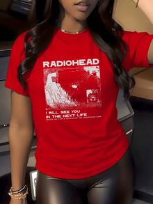 Camiseta negra con frase artística Camisa de T 100% algodón talla grande con estampado digital de paisaje abstracto 1 unidad de 220 gramos estilo urbano moderno Camiseta de mujer con cuello redondo, diseño casual - Rojo - Ver 1