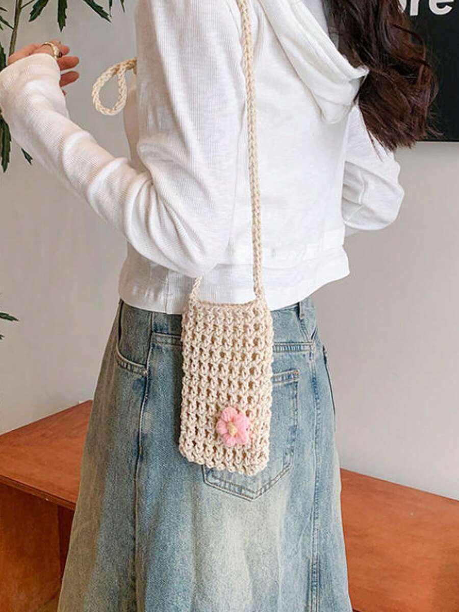 1 Pc Cute Casual Fresh Hollow Out Solid Color Crochet Mini Phone Bag Lightweight And Foldable With Small Flower Decoration Women's Vacation Crossbody Bag For Vacation Holiday For Daily Work Commuting Leisure Shopping And Fashion Clothing Matching - 彩色 - 查看 1