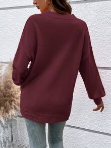 Pullover Kasual Wanita Kerah Bulat Warna Polos Bahu Longgar Saku Tempel - Jangkar merah - View 6