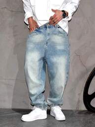 Jeans da uomo con gamba dritta e ampia, stile vintage americano, lavaggio chiaro blu