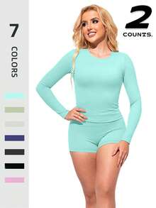 Women's Long-Sleeved Shorts Sports Suit - Skin-Friendly, Breathable, High-Elasticity And Slim Fit, Moisture-Wicking And Quick-Drying Without Being Stuffy, Available In Multiple Colors, Comfortable To Stretch During Yoga, Light And Windy When Running, Neat And Stylish When Working Out, And Comfortable And Casual At Home - màu xanh da trời - Xem 1