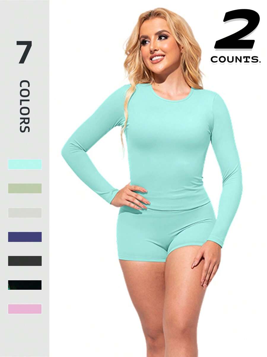 Women's Long-Sleeved Shorts Sports Suit - Skin-Friendly, Breathable, High-Elasticity And Slim Fit, Moisture-Wicking And Quick-Drying Without Being Stuffy, Available In Multiple Colors, Comfortable To Stretch During Yoga, Light And Windy When Running, Neat And Stylish When Working Out, And Comfortable And Casual At Home - màu xanh da trời - Xem 1