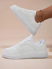 Women's High-Top Skate Shoes, Chunky Sole Sneakers Brown White Black, Casual Streetwear With Gold Anklet - Perfect Gift Idea - 白色 - 查看 3