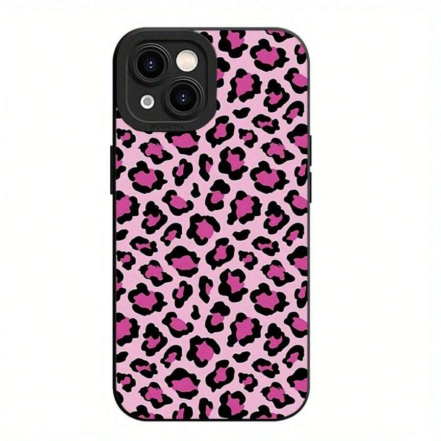 1pc Novelty Pink Glossy Leopard Print Angel Eye Soft TPU Phone Case, Compatible With Apple 16 15 14 13 12 11 XS XR X 8 7 Plus Pro Max Mini Series, Holiday Gift, Birthday, Girlfriend, Boyfriend, Friend Or Yourself - Black - View 1