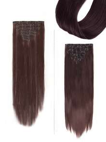 Tóc nối thẳng dạng kẹp, dài 18-32 inch, bộ 7 món, 16 kẹp, màu ombre, sợi chịu nhiệt, dành cho phụ nữ và bé gái, tóc nối dài thẳng màu ombre đen, sợi chịu nhiệt, kiểu tóc nữ. - Màu nâu tối - Xem 8