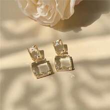 1 Pair Elegant Square Drop Earrings For Women Sparkling Clear Artificial Crystal Perfect For Daily Wear Parties & Formal Events Ideal Gift Party Accessories - 金色 - 查看 6