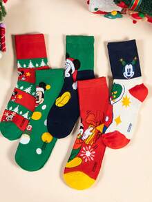 1/5/10 Pairs Disney Men's Mid-Calf Socks With Mickey Mouse Wearing Christmas Hat, Fun Christmas Socks For Autumn/Winter - Multicolor - View 2